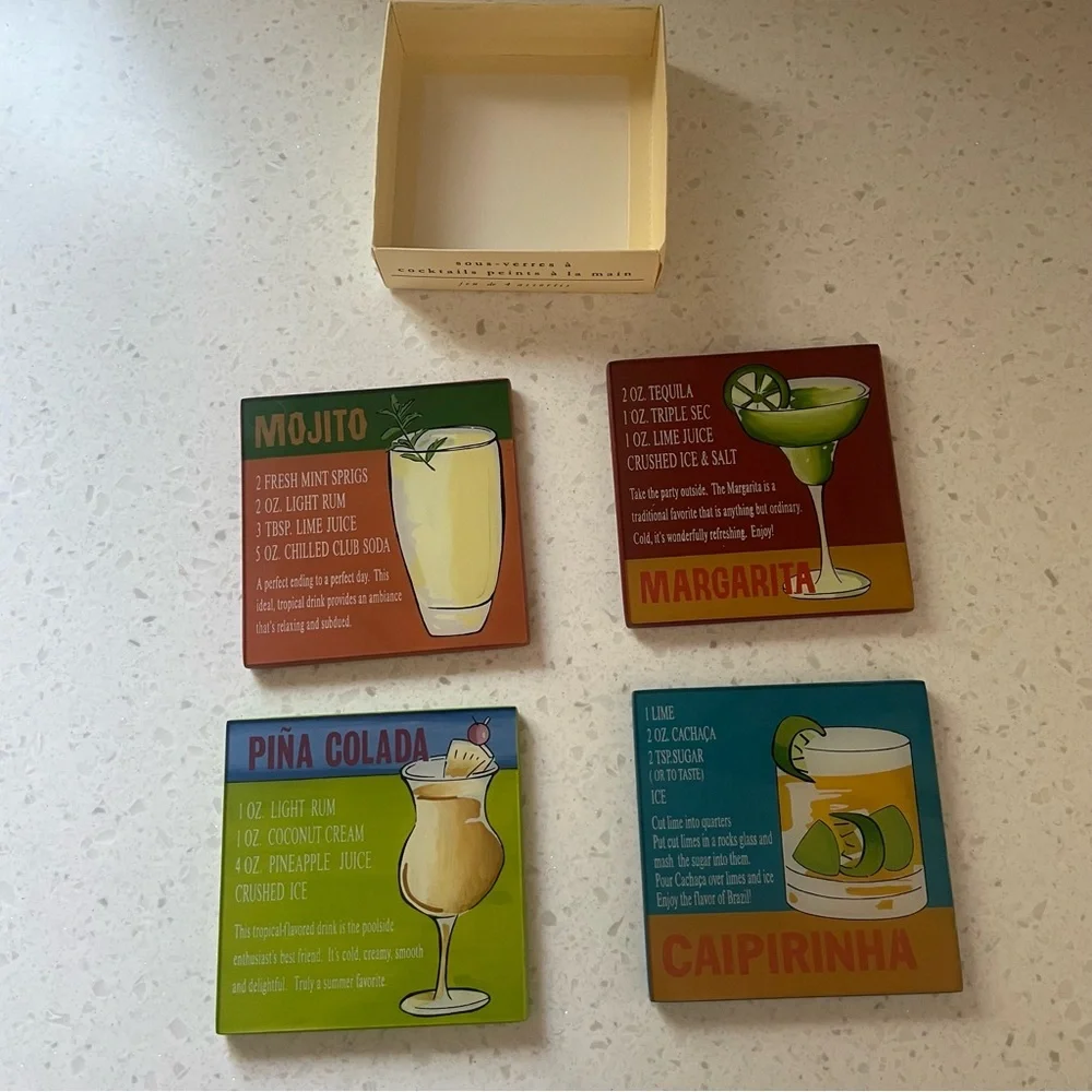 Pier 1 Cocktail Glass Top Wooden Coasters Set of 4 in Box